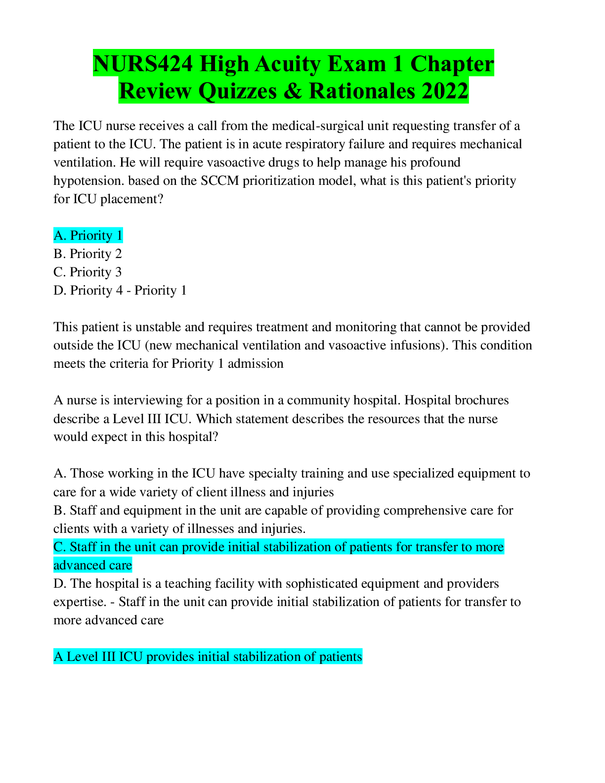 Preview image for NURS424 High Acuity Exam 1 Chapter Review Quizzes & Rationales 2022